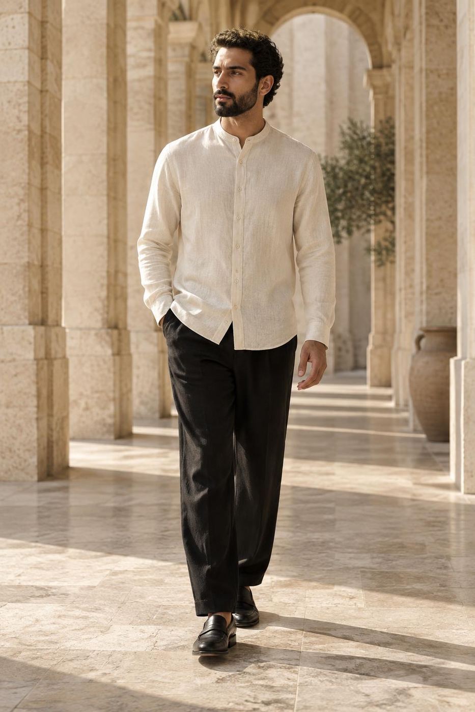Collarless Linen Shirt