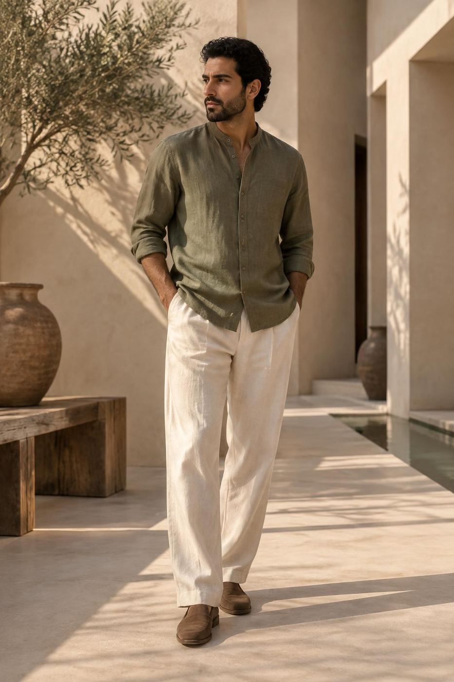 Collarless Linen Shirt, alternate colour