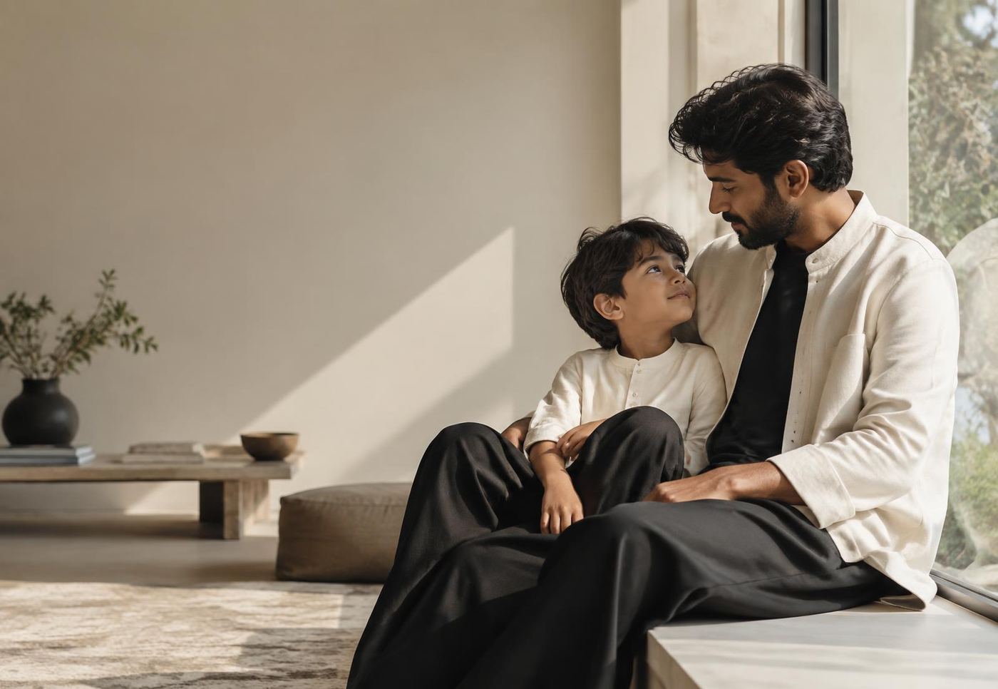 A father and son wearing SAADEN